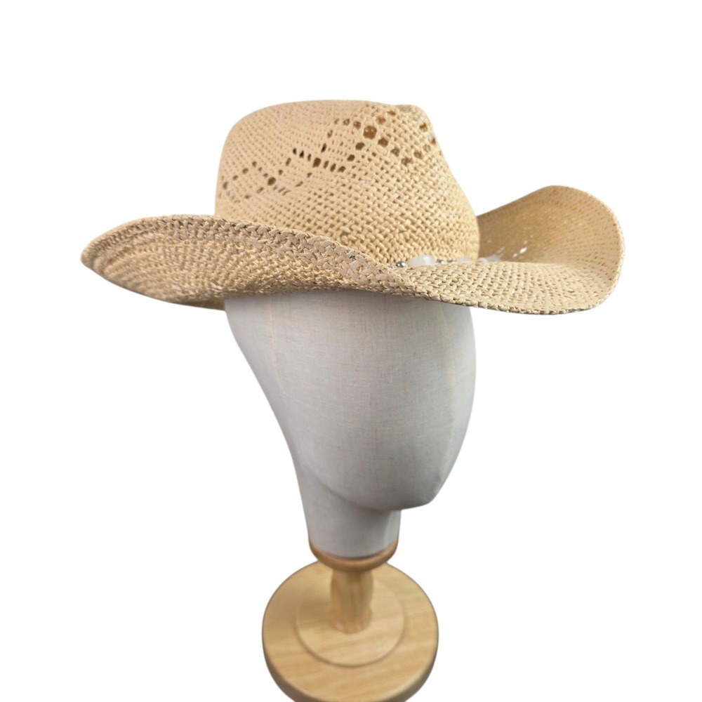 SaddleBack Hat Cowboy Hat Unisex OS Tan Excellent Beaded Band Paper Straw TX-100